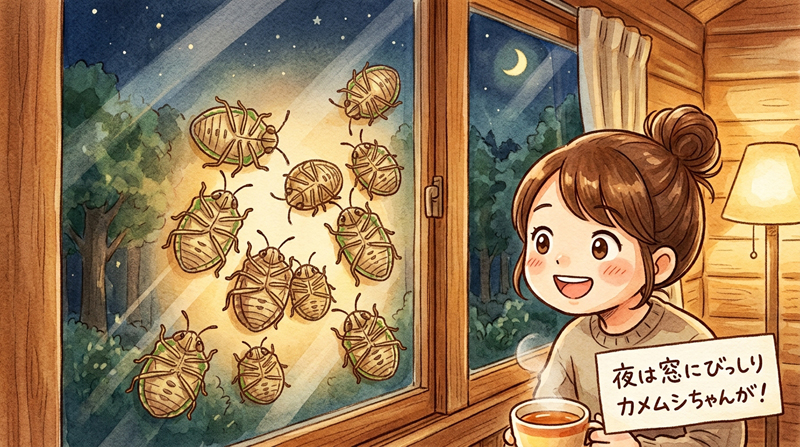 自然の中で宿泊し窓の外にカメムシが付いている様子