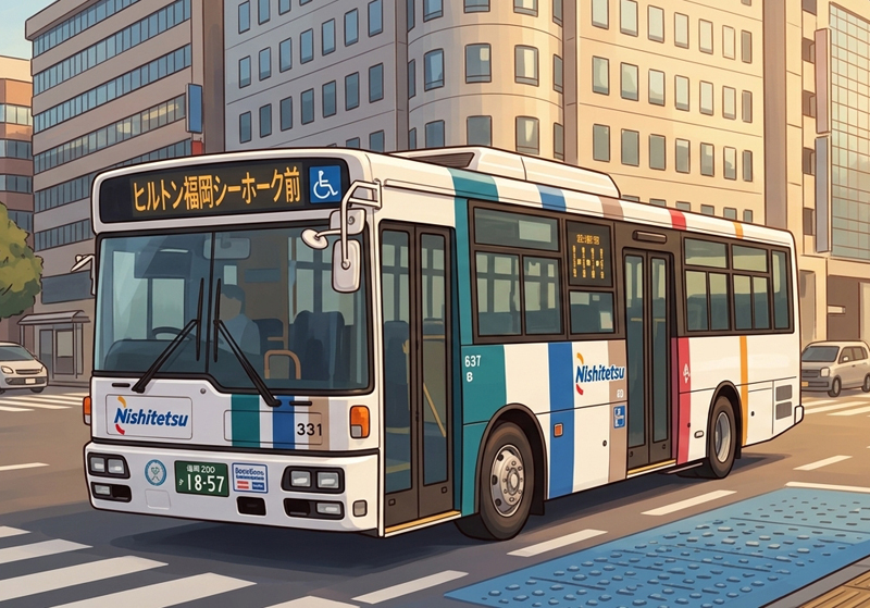 福岡市内を走るバス「行き先はヒルトン福岡シーホーク」と掲示板に書いてある