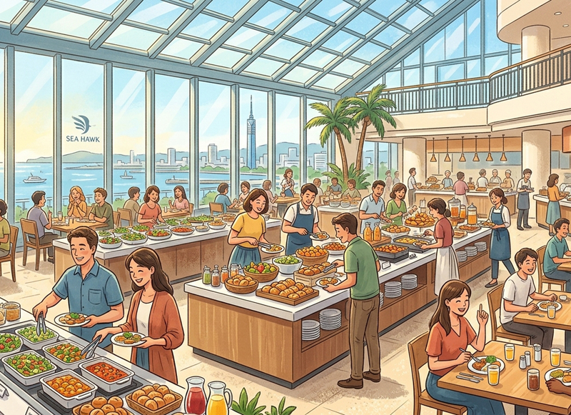 みんなが楽しそうに朝食を食べたり選んだりしている様子のイラスト